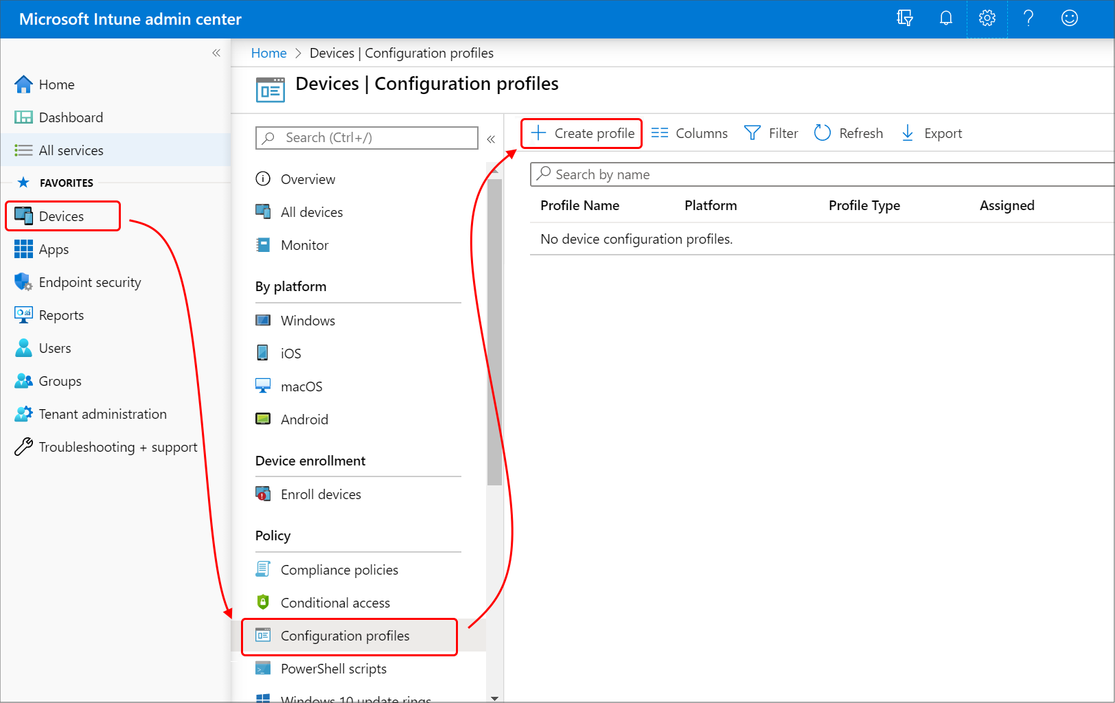 Navigate to Intune and create a new profile for a trusted certificate