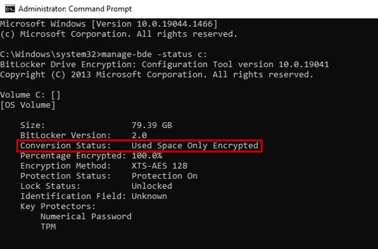 Screenshot of administrative command prompt showing output of manage-bde with conversion status reflecting fully encrypted.