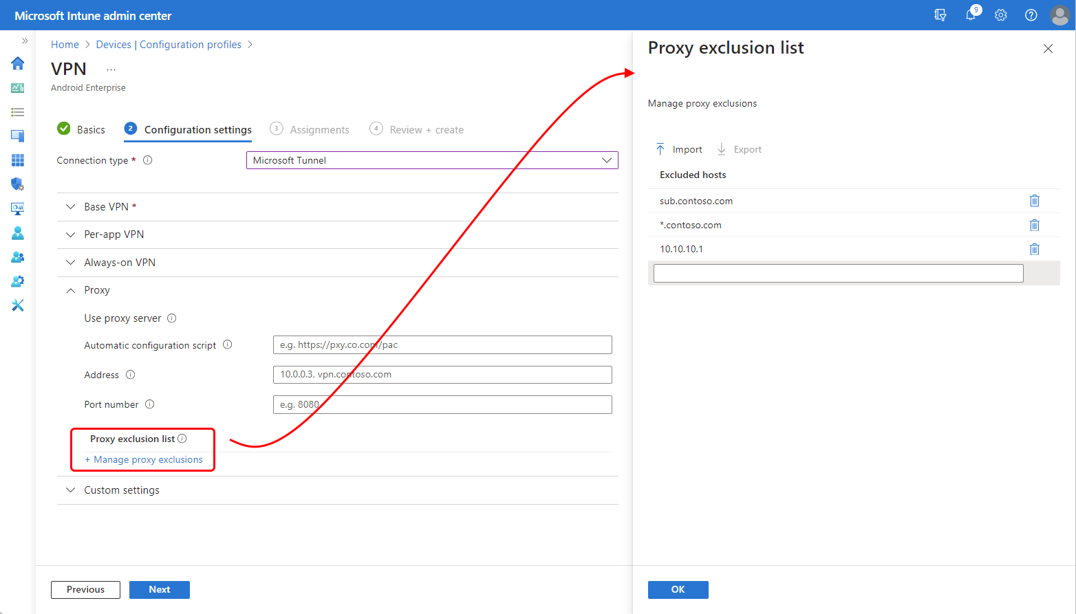 Screen shot of the proxy exclusion list pane in the Intune admin center.