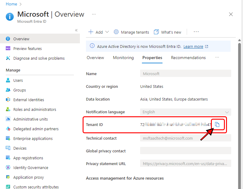 Image showing Tenant ID in the Azure portal