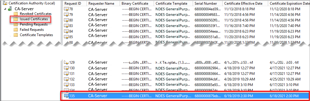 Screenshot of an example of issued certificates.