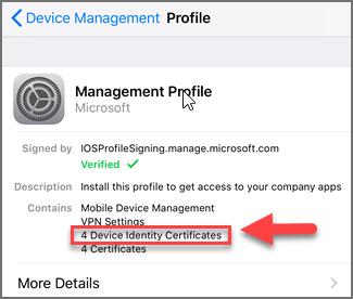 Screenshot of iOS certificates under the Device Management Profile.