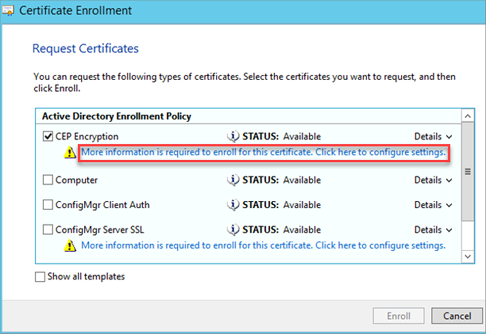 Screenshot of the Request Certificate page, where CEP Encryption is selected.