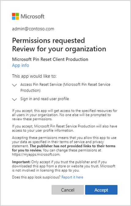 Accept the PIN Reset Client request for permissions