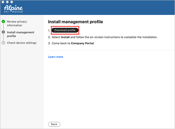 Example screenshot of Company Portal, Install management profile screen, highlighting password prompt.