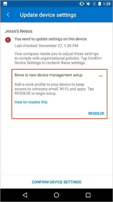The Update device setting screen, highlighting the move to new device management setup message.
