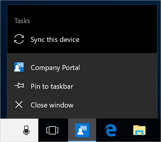 Screenshot of the Windows taskbar on a device's desktop. Company Portal app icon was selected and shows a menu with options "Pin to taskbar," "Close window," and "Sync this device" action.