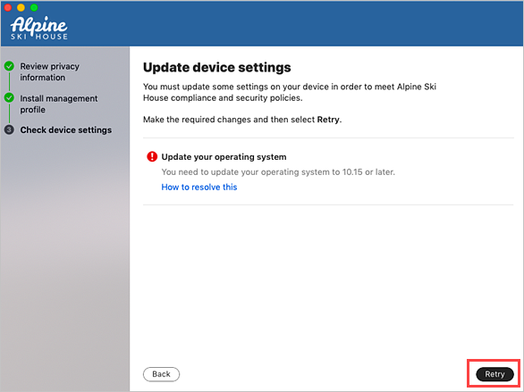Example screenshot of Company Portal, Update device settings screen, highlighting Retry button.