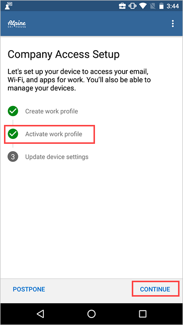 Screenshot of Company Access Setup showing work profile is active.