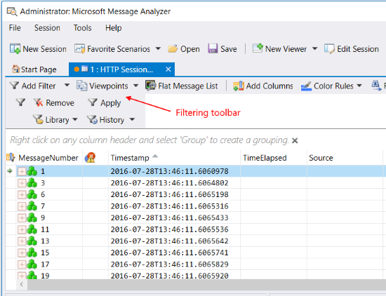 Message Analyzer Filtering toolbar