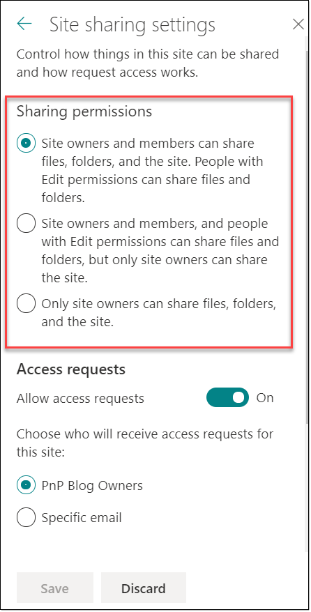 Image of the Site sharing settings pane.