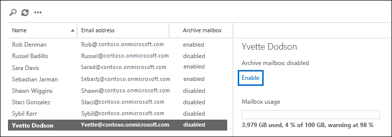 Click Enable in the details pane of the selected user to enable the archive mailbox