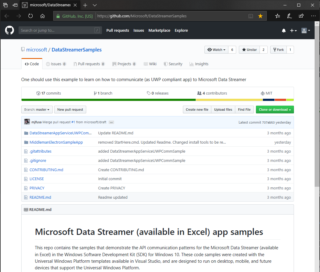 Microsoft Data Streamer GitHub samples repository screenshot.