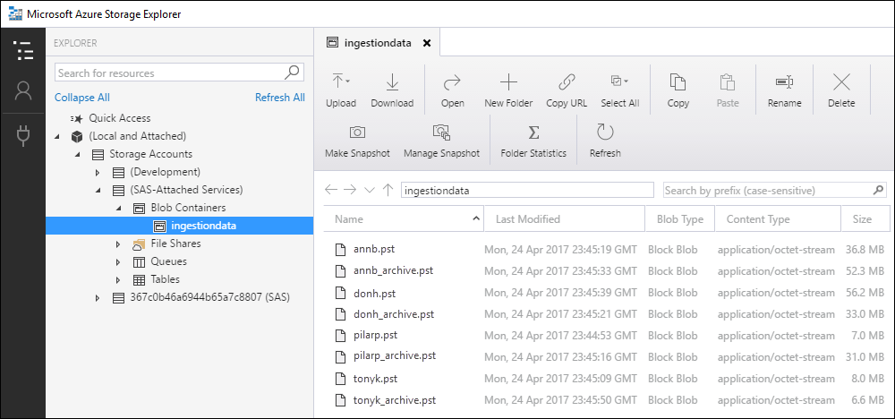 Azure Storage Explorer displays a list of the PST files that you uploaded.