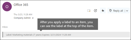 Label assigned to email in Outlook on the web.