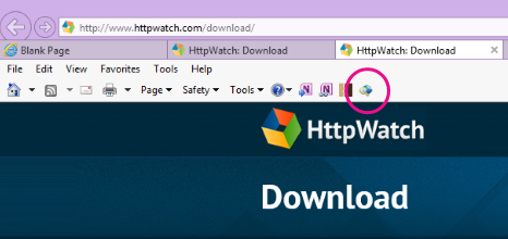 Internet Explorer's Command toolbar with the HTTPWatch icon displayed.