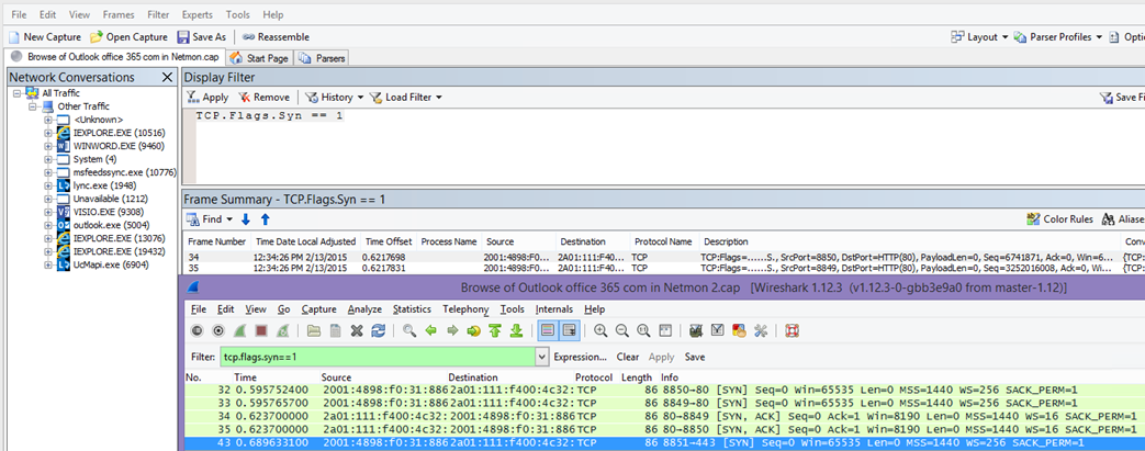 Filter in Netmon or Wireshark for Syn packets for both tools: TCP.Flags.Syn == 1.