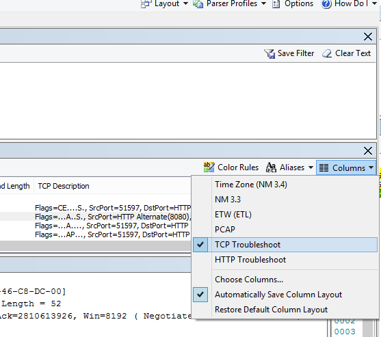 Where to find the Columns drop down for the TCP Troubleshoot option (on top of the Frame Summary).