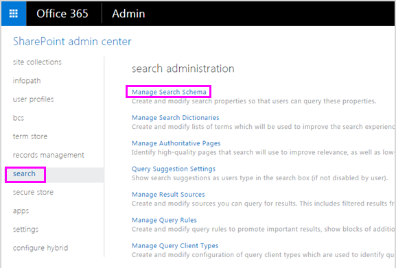 search administration page in SharePoint admin center.