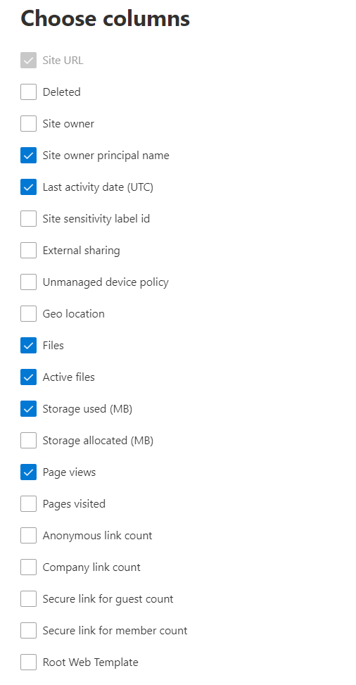 SharePoint site usage report - choose columns.