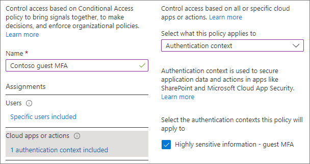 Screenshot of authentication context options in cloud apps or actions settings for a conditional access policy.
