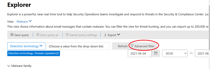 The Advanced filter in Threat Explorer