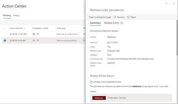The pane displaying the options to approve or reject an action in the Microsoft 365 Defender portal