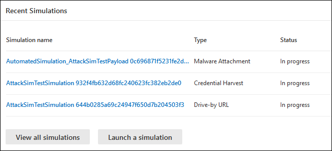 The Recent simulations card on the Overview tab in Attack simulation training in the Microsoft 365 Defender portal