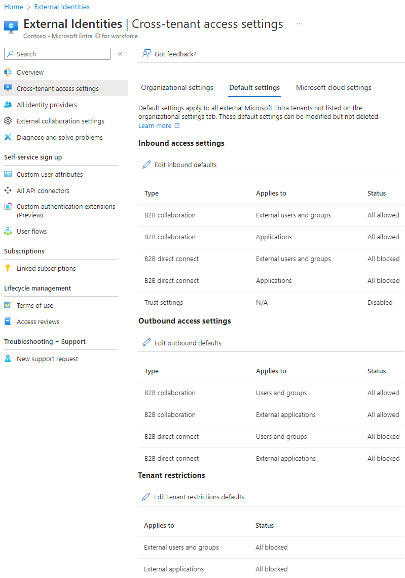 Screenshot of Azure Active Directory Cross-tenant access settings page.