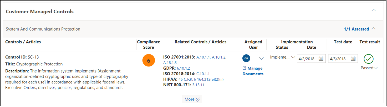 Compliance Manager assessment — NIST 800-53 SC(13) completed.