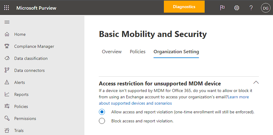 Basic Mobility and Security block access option.