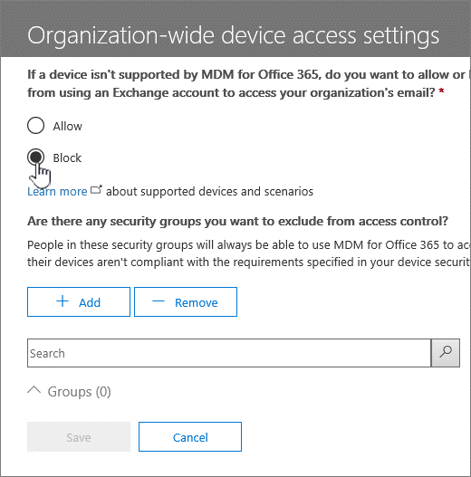 Basic Mobility and Security block access checkbox.