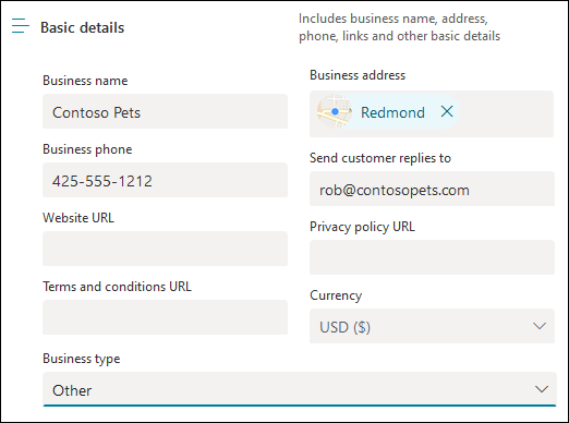 Screenshot: Page to enter your basic business information