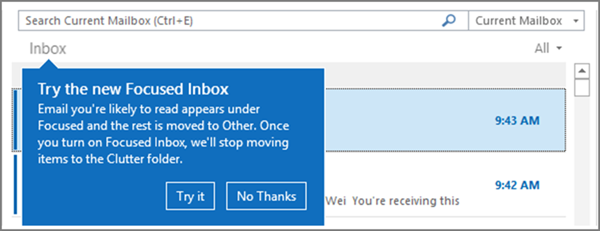 An image of what Focused Inbox looks like when it's rolled out to your users and Outlook is re-opened.