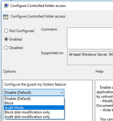 The group policy option Enabled and Audit Mode selected