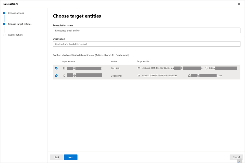take actions wizard showing choose actions for entities