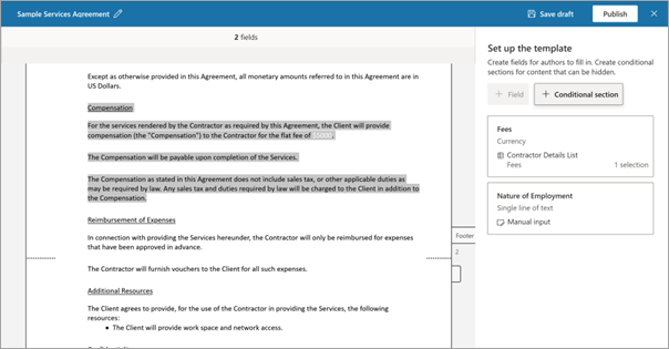 Screenshot of the Set up the template panel and template document.