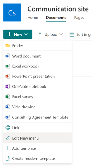 Screenshot of document library with the Edit New menu option highlighted.