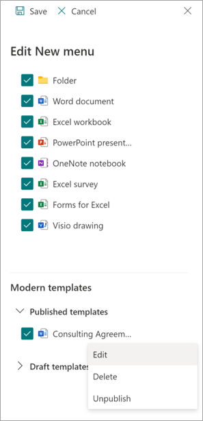 Screenshot of the Edit New menu panel showing the Modern templates section.