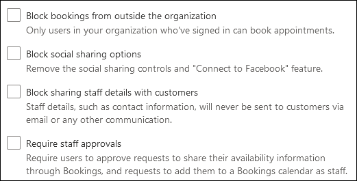Screenshot: Settings that allow you to control who can use Bookings, decide what Bookings info is shared and staff approval
