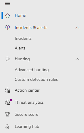 The Alerts and Actions quick launch bar in the Microsoft 365 Defender portal