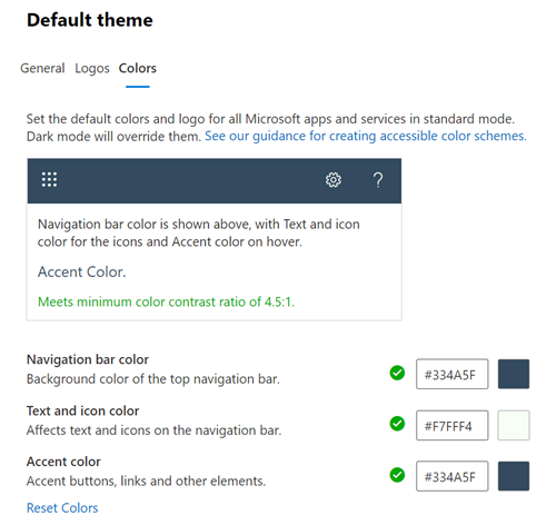 Screenshot: Colors tab showing default theme colors for your organization