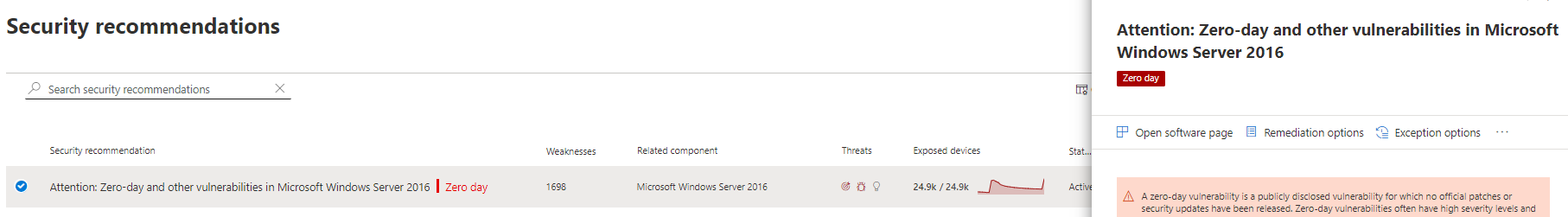 Zero day example of Windows Server 2016 in the security recommendations page.