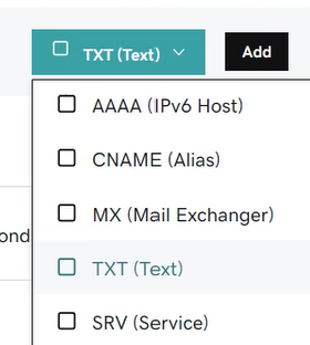 Select TXT from the Type drop-down list for the domain verification TXT record.