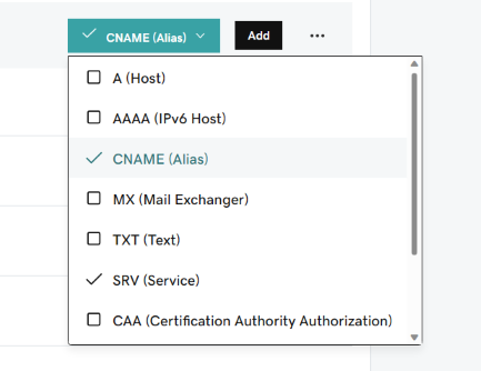 Screenshot showing Select CNAME from the Type drop-down list.