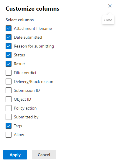 Customize column options for email attachment admin submissions.