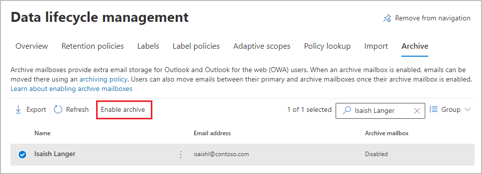 Enable archive option for a selected user.