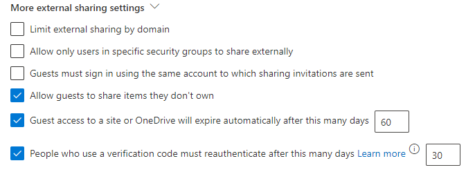 Screenshot of SharePoint organization-level additional sharing settings.