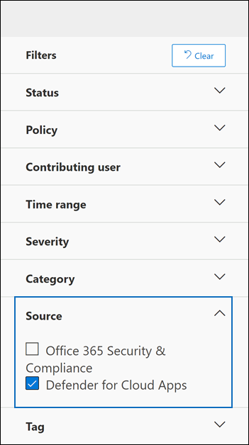 Use the Source filter to display only Defender for Cloud Apps alerts.