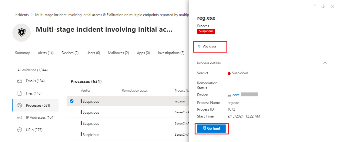 The Go hunt option for a piece of evidence in the **Incident** page in Microsoft 365 Defender portal